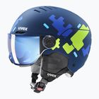 Шолом гірськолижний дитячий UVEX Rocket Visor Jr blue puzzle matt/mirror blue/smoke