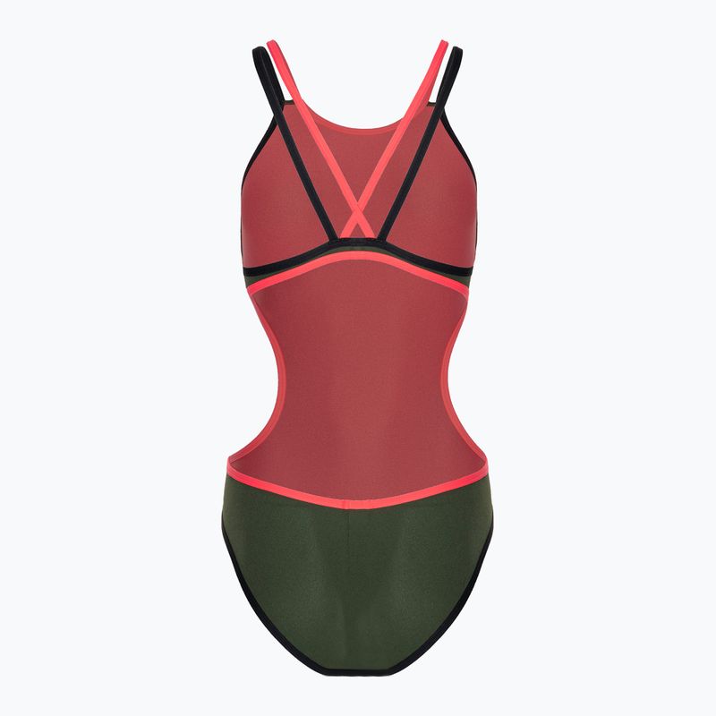 Купальник суцільний жіночий arena One Double Cross Back One Piece dark sage/black/fluo red 2