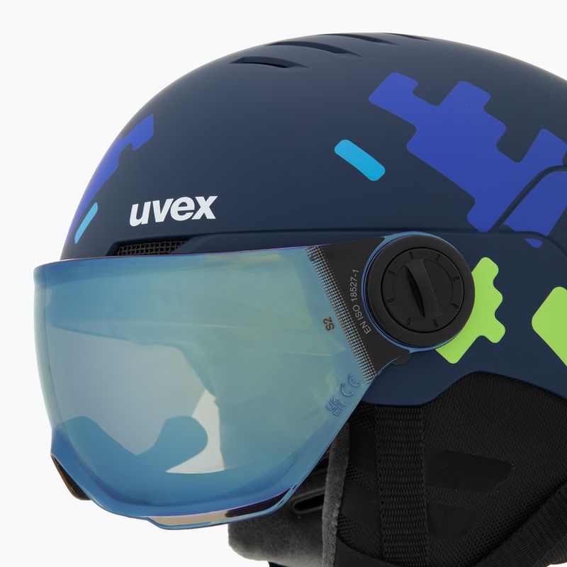 Шолом гірськолижний дитячий UVEX Rocket Visor Jr blue puzzle matt/mirror blue/smoke 8