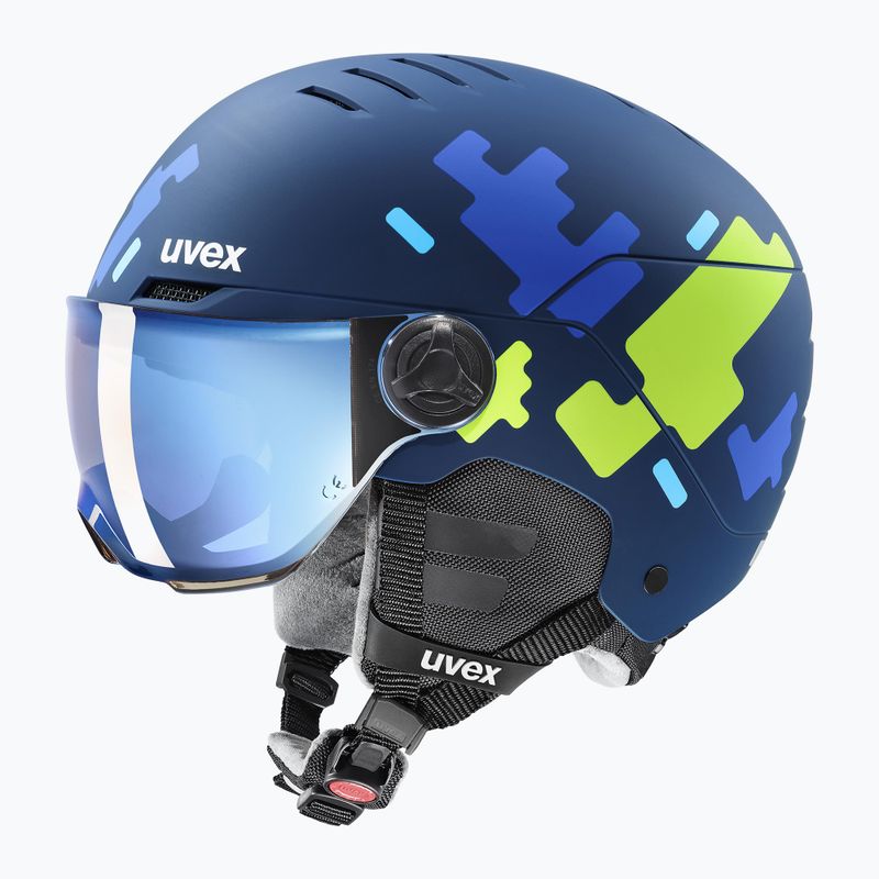 Шолом гірськолижний дитячий UVEX Rocket Visor Jr blue puzzle matt/mirror blue/smoke