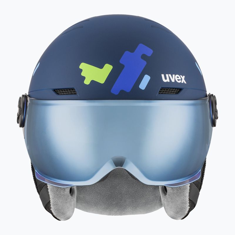 Шолом гірськолижний дитячий UVEX Rocket Visor Jr blue puzzle matt/mirror blue/smoke 2