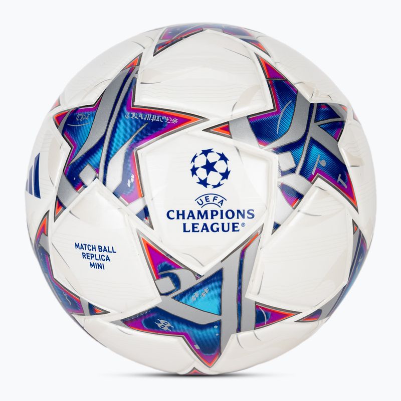 Футбольні м'ячі adidas UCL Mini 23/24 білі/сріблястий металік/яскраво-блакитний розмір 1