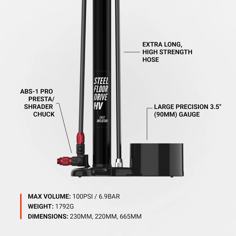 Велосипедний насос Lezyne Steel HV Floor Drive 3.5 100psi плоский чорний 4