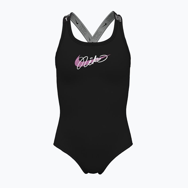 Суцільний дитячий купальник Nike Swim Girls Logo Tape Crossback чорний/грайливий рожевий/білий/грайливий рожевий