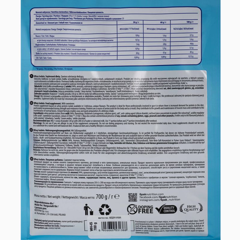 Whey 6PACK Isolate 700г білий шоколад PAK/049#BICZE 2