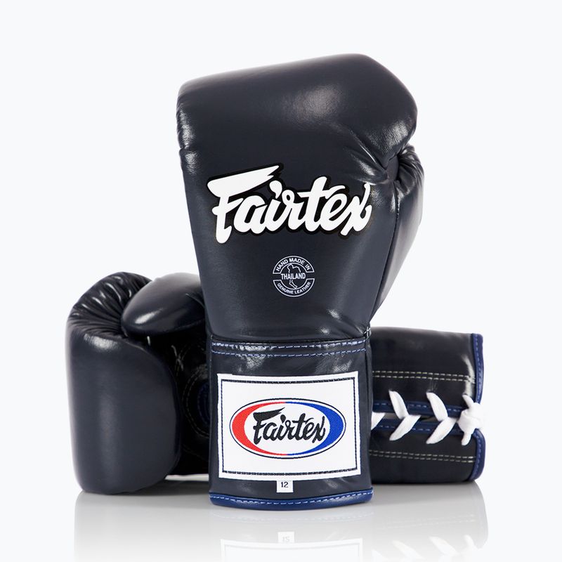 Боксерські рукавички Fairtex Pro Competition з фіксованим великим пальцем зі шкіри сині 4
