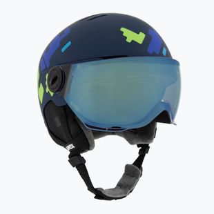 Шолом гірськолижний дитячий UVEX Rocket Visor Jr blue puzzle matt/mirror blue/smoke
