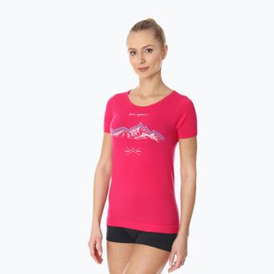 Футболка термічна жіноча Brubeck Outdoor Merino Wool Pro малиновий/гори 1